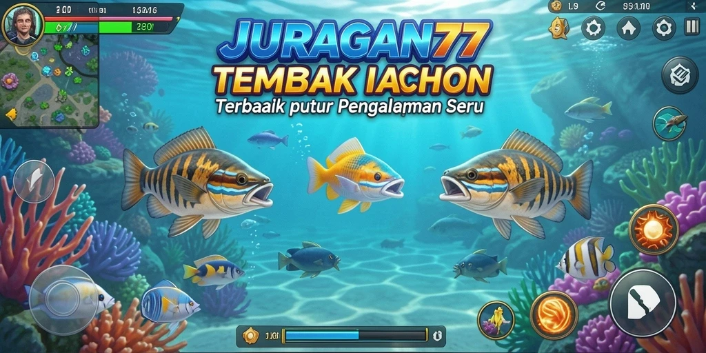 Tampilan gameplay JURAGAN77 dengan aksi tembak ikan yang seru.